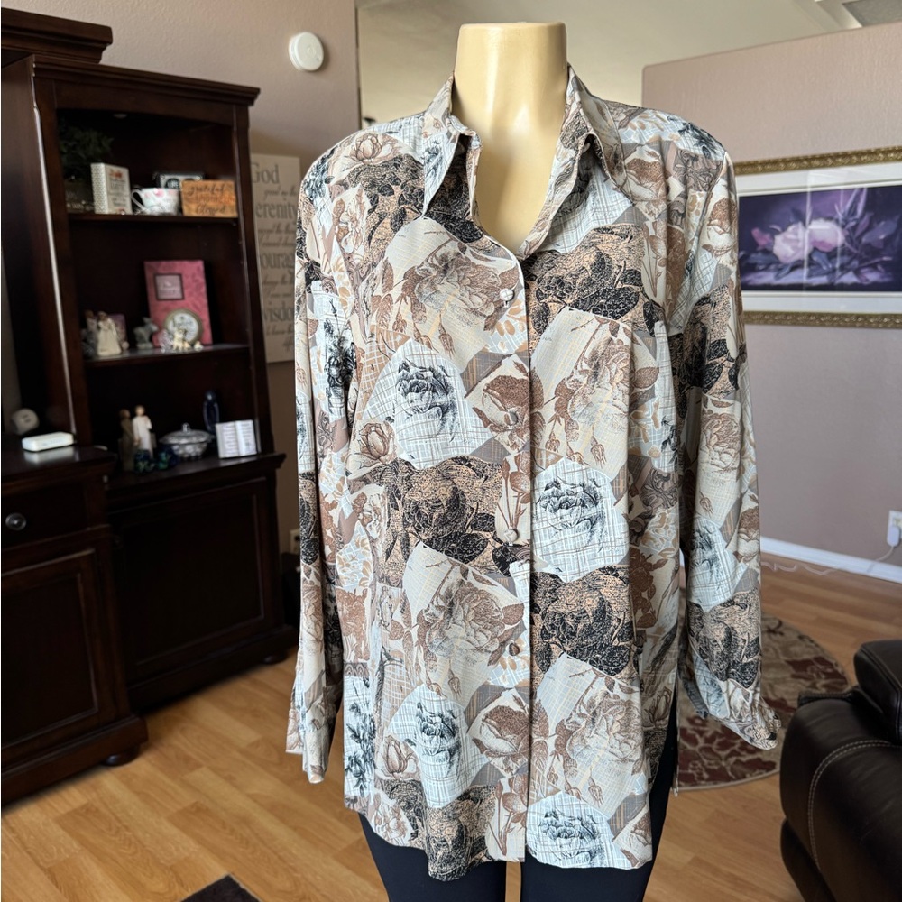 Martinique vintage browns, black & gray long sleeve button up blouse-size 12